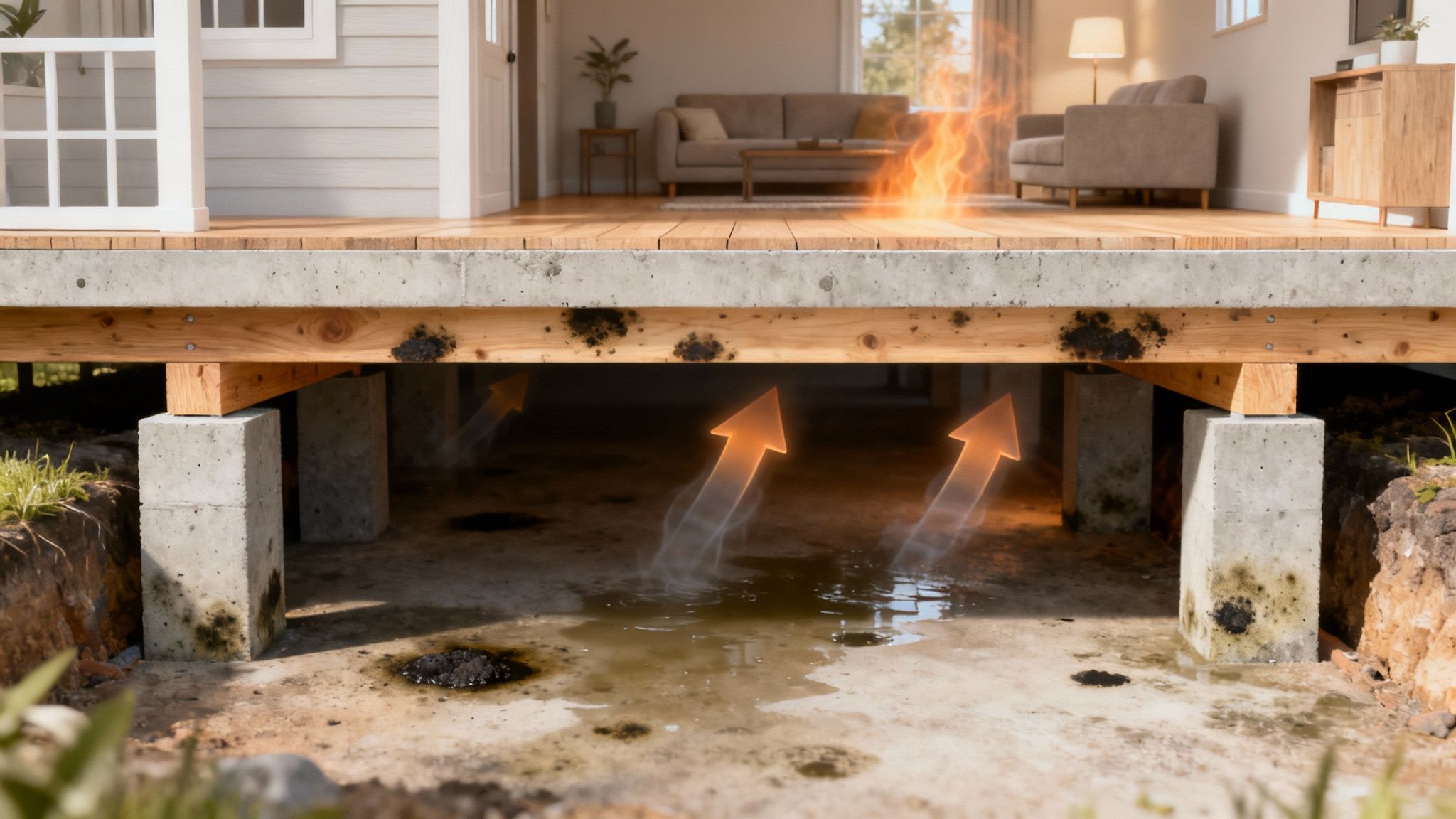 A professional inspecting a dark, damp crawl space with visible mold growth on wooden joists.