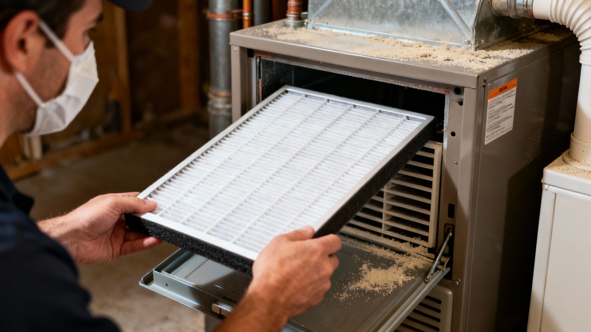 A person wearing a mask is removing a dirty air filter from a dusty furnace unit.