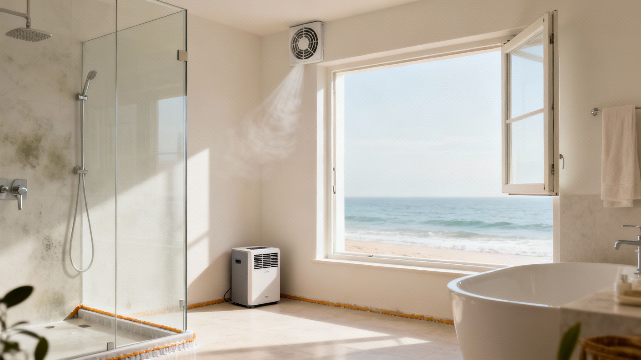 A sunlit bathroom with an open window overlooking a beach, showing a shower with visible mildew.