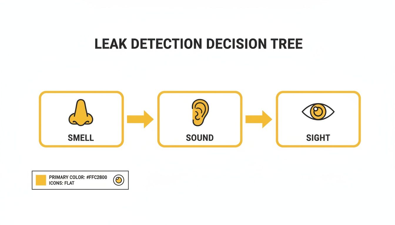 Infographic illustrating leak detection methods using smell, sound, and sight as sequential steps.