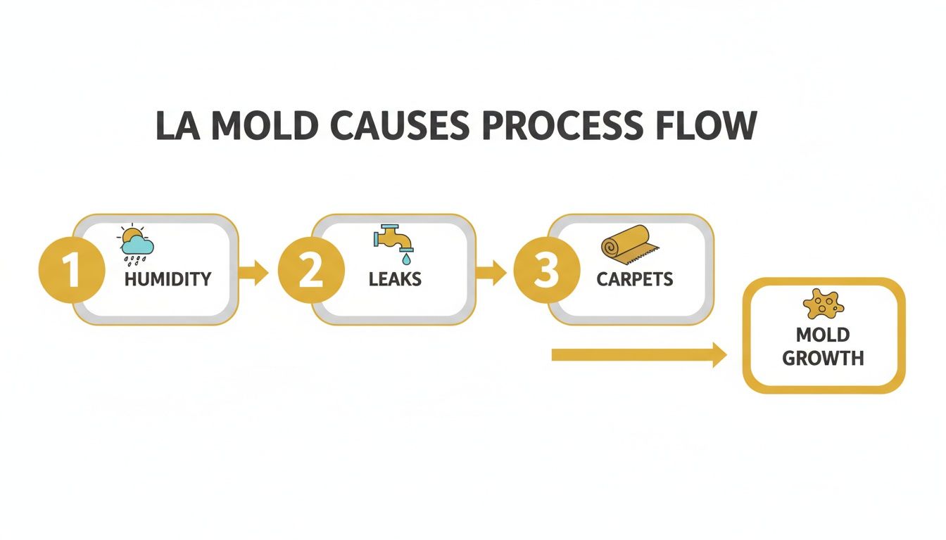 A process flow diagram illustrating how humidity, leaks, and carpets can lead to mold growth.
