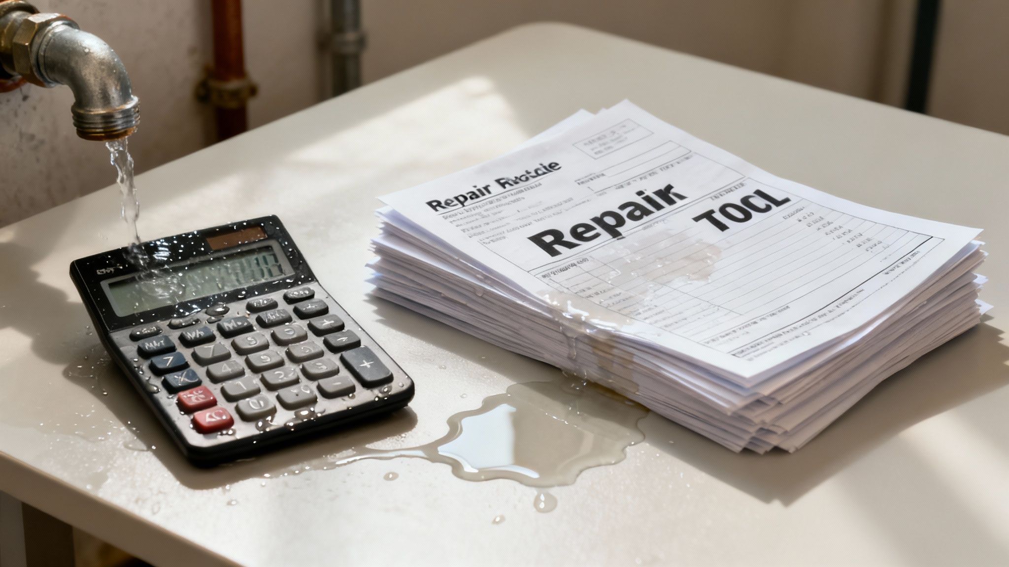 A flooded living room shows the extensive financial impact of a burst pipe, with water covering the floor and soaking the furniture.