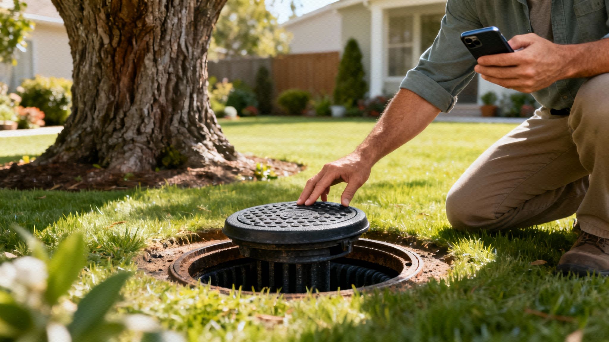 A person inspects an outdoor utility access point in a grassy yard while holding a smartphone.