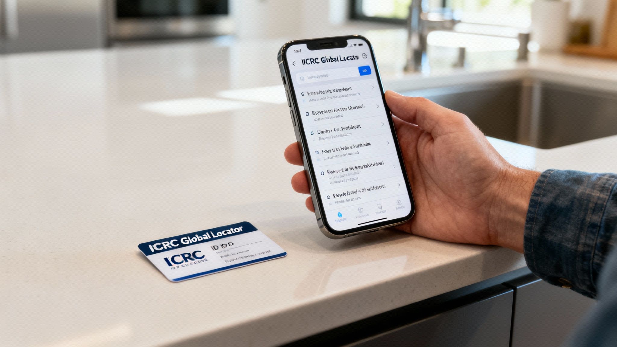 A hand holds a smartphone displaying the ICRC Global Locator app next to an ICRC ID card.
