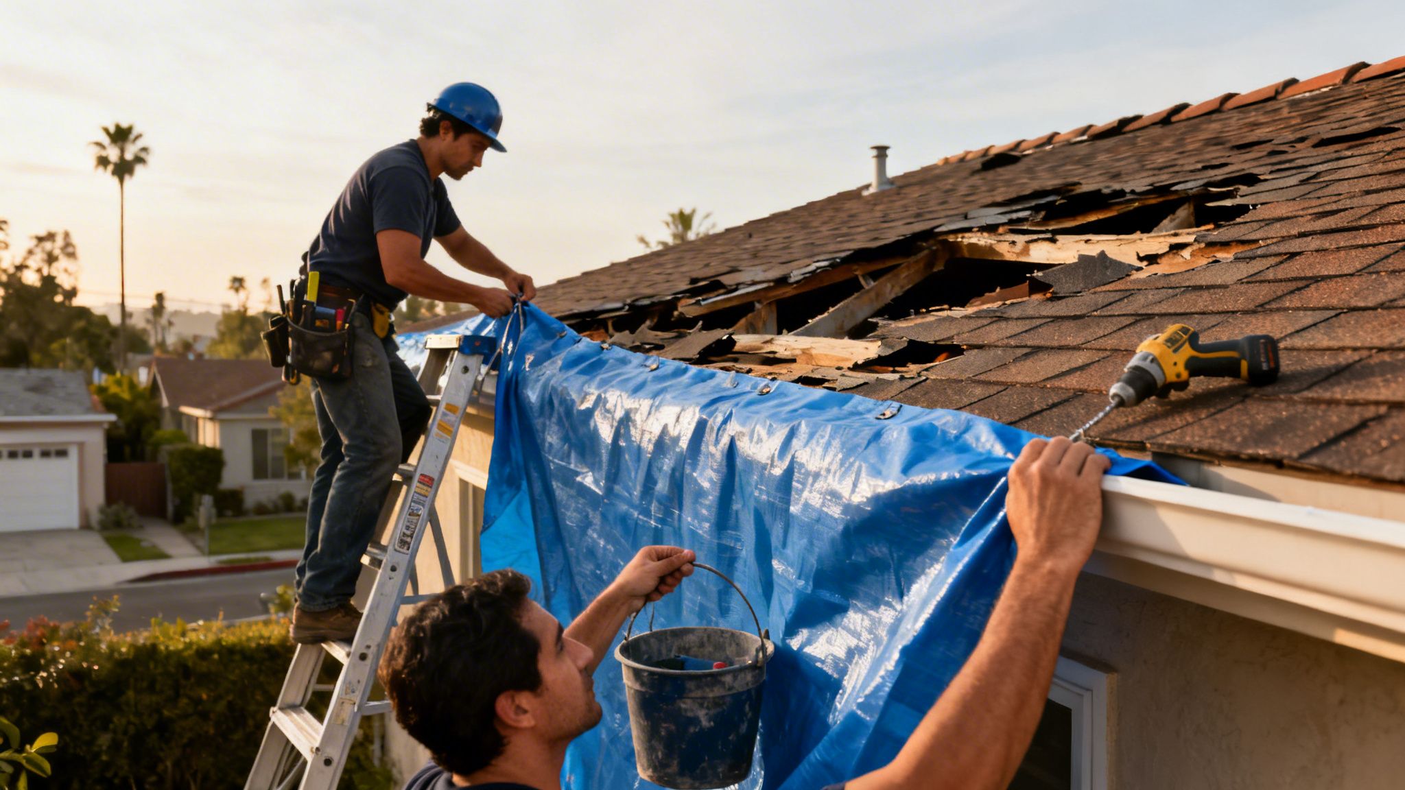 Two construction workers install a blue tarp on a severely damaged roof after a storm.