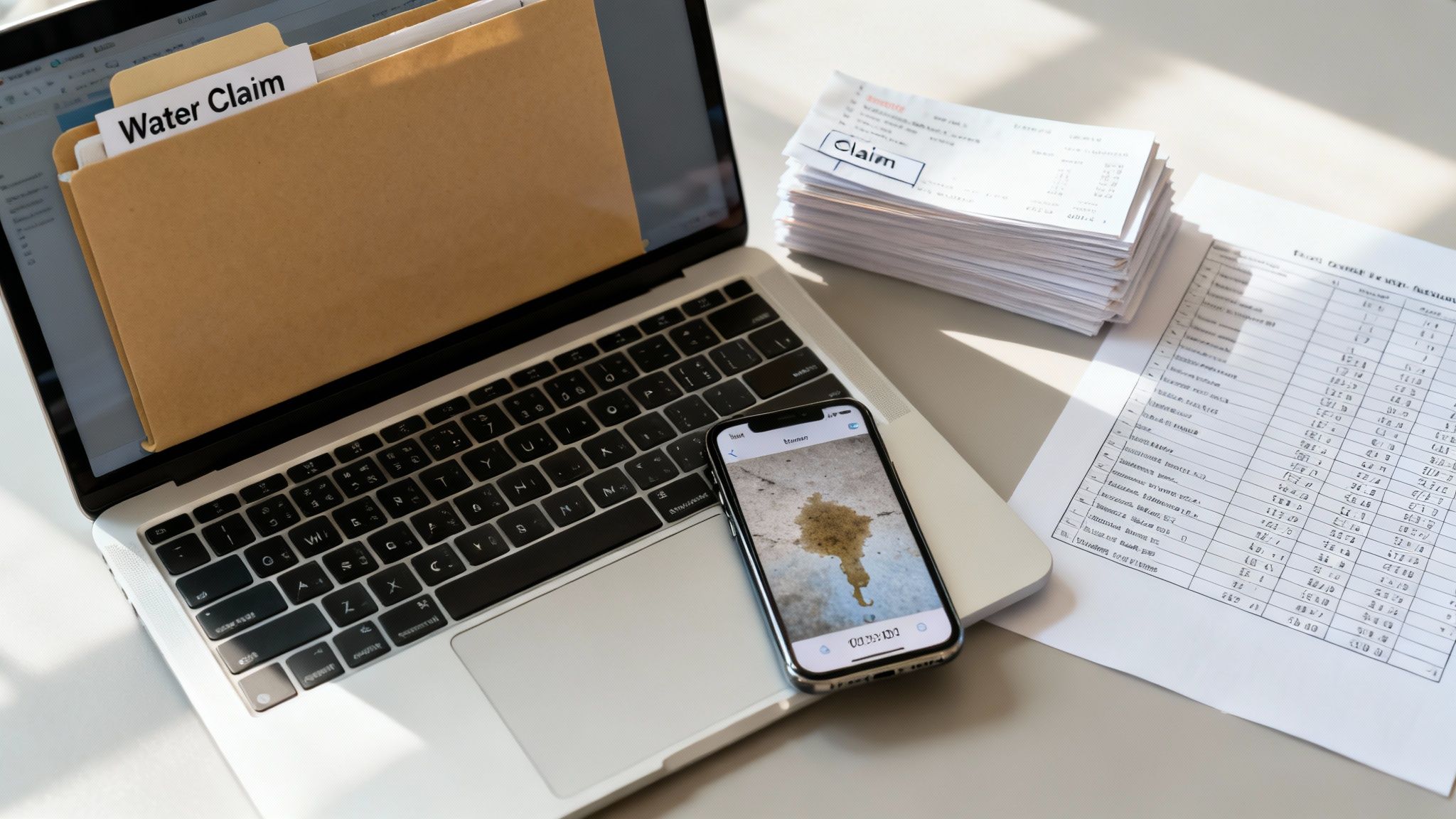 A desk setup with a laptop showing a water claim folder and a phone displaying a water stain, alongside claim documents.