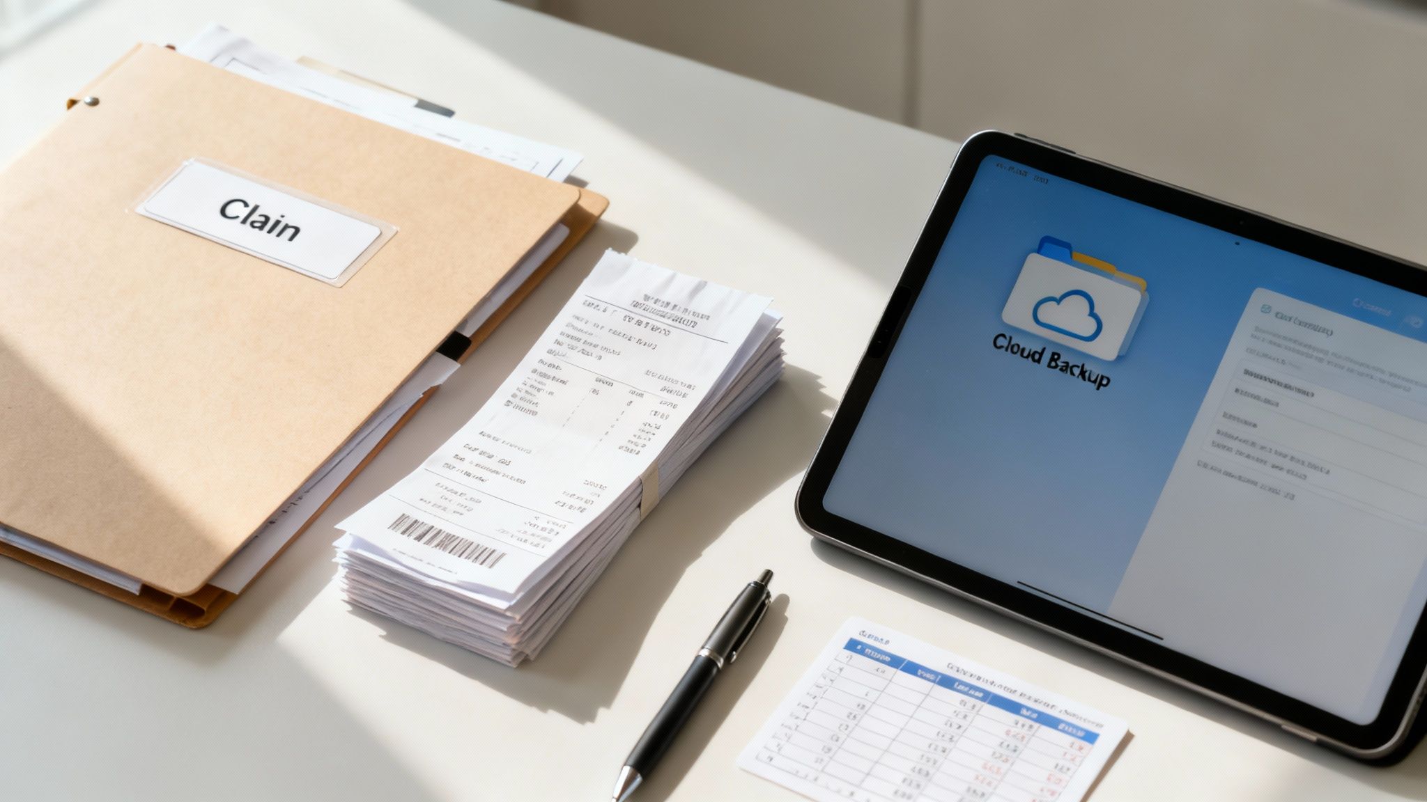 Organized workspace with insurance claim documents, receipts, a pen, and a tablet showing cloud backup.