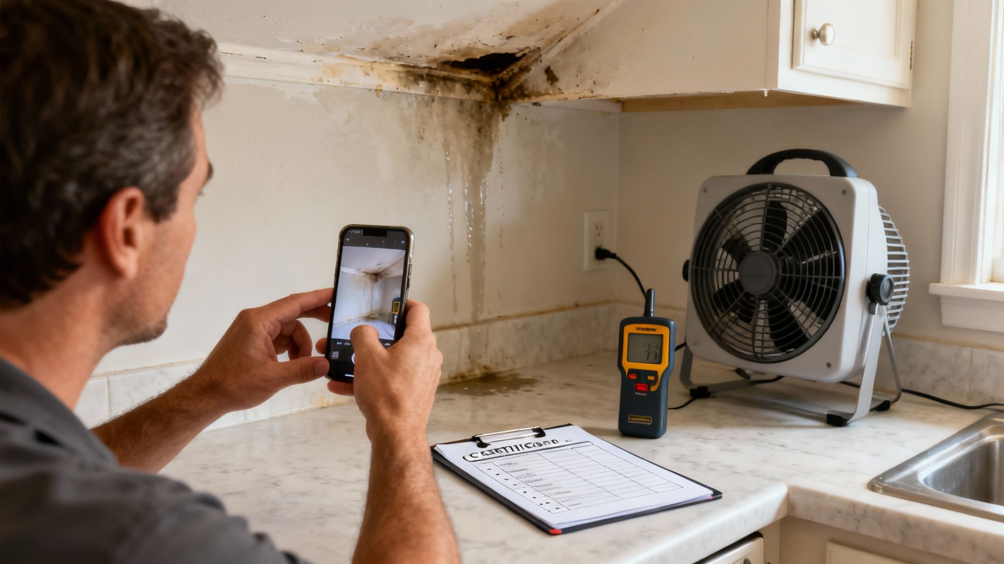 A man photographs severe mold and water damage in a kitchen corner, using a smartphone, moisture meter, and fan.