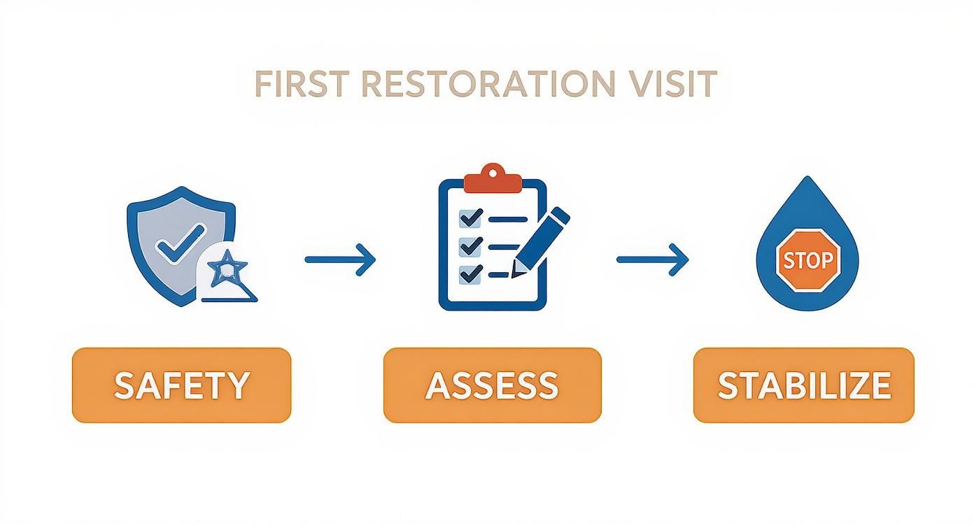 Flowchart for the first restoration visit: Safety, Assess, and Stabilize, shown with icons and arrows.