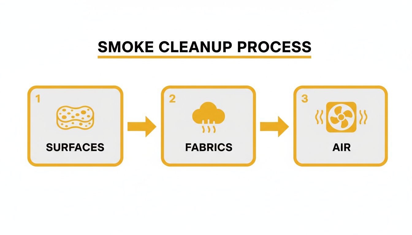 Infographic showing a 3-step smoke cleanup process for surfaces, fabrics, and air.