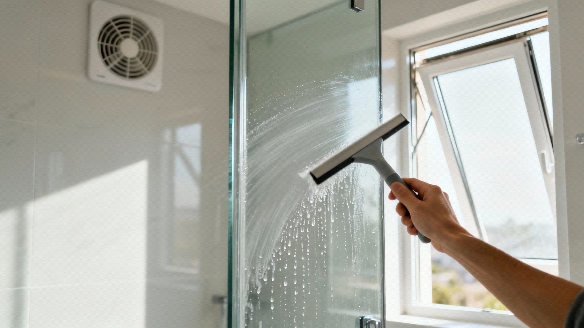 A person using a squeegee to wipe down a clean glass shower door after use.