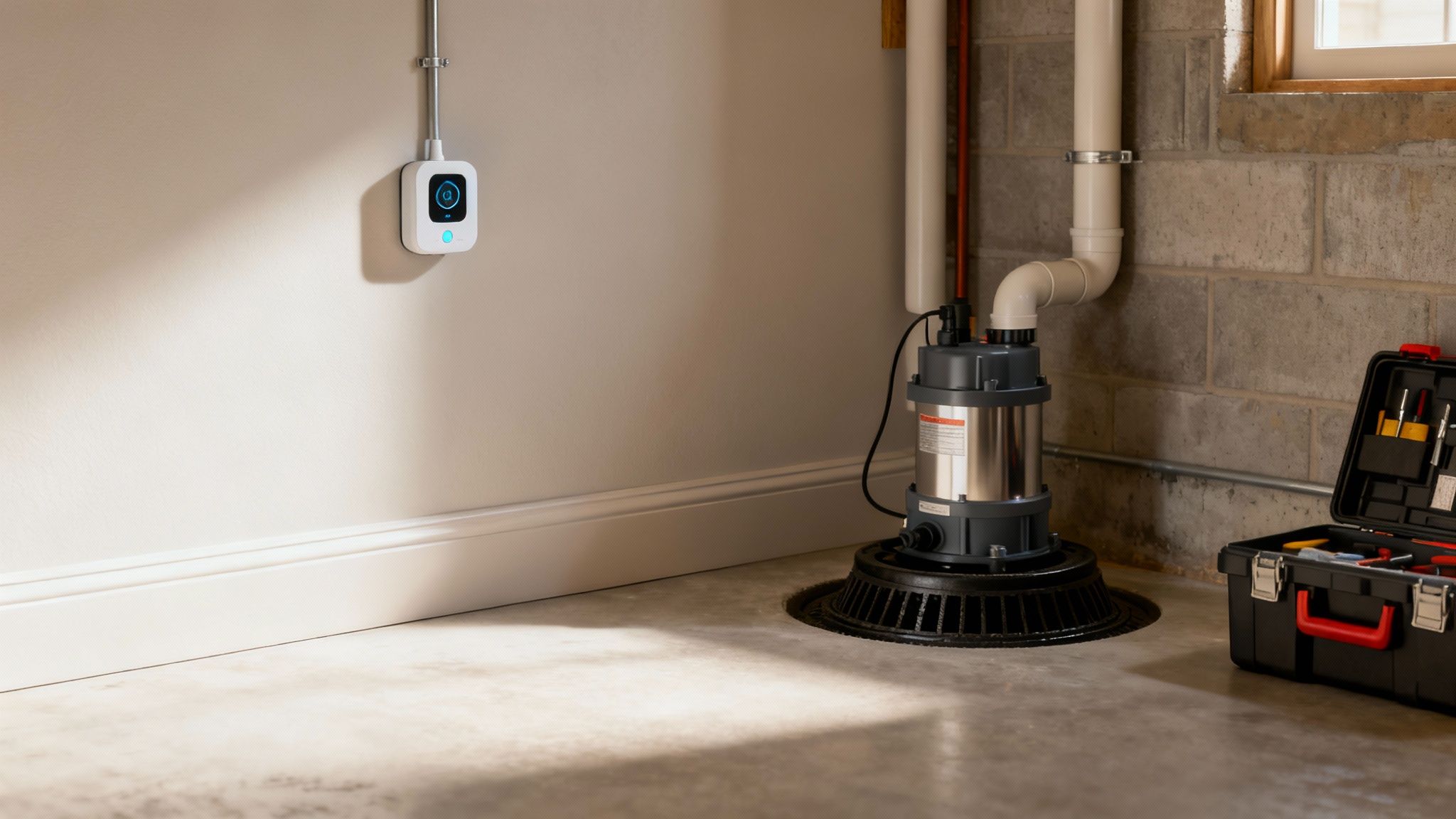 A white smart water sensor on a wall above a sump pump and open toolbox in a clean basement.