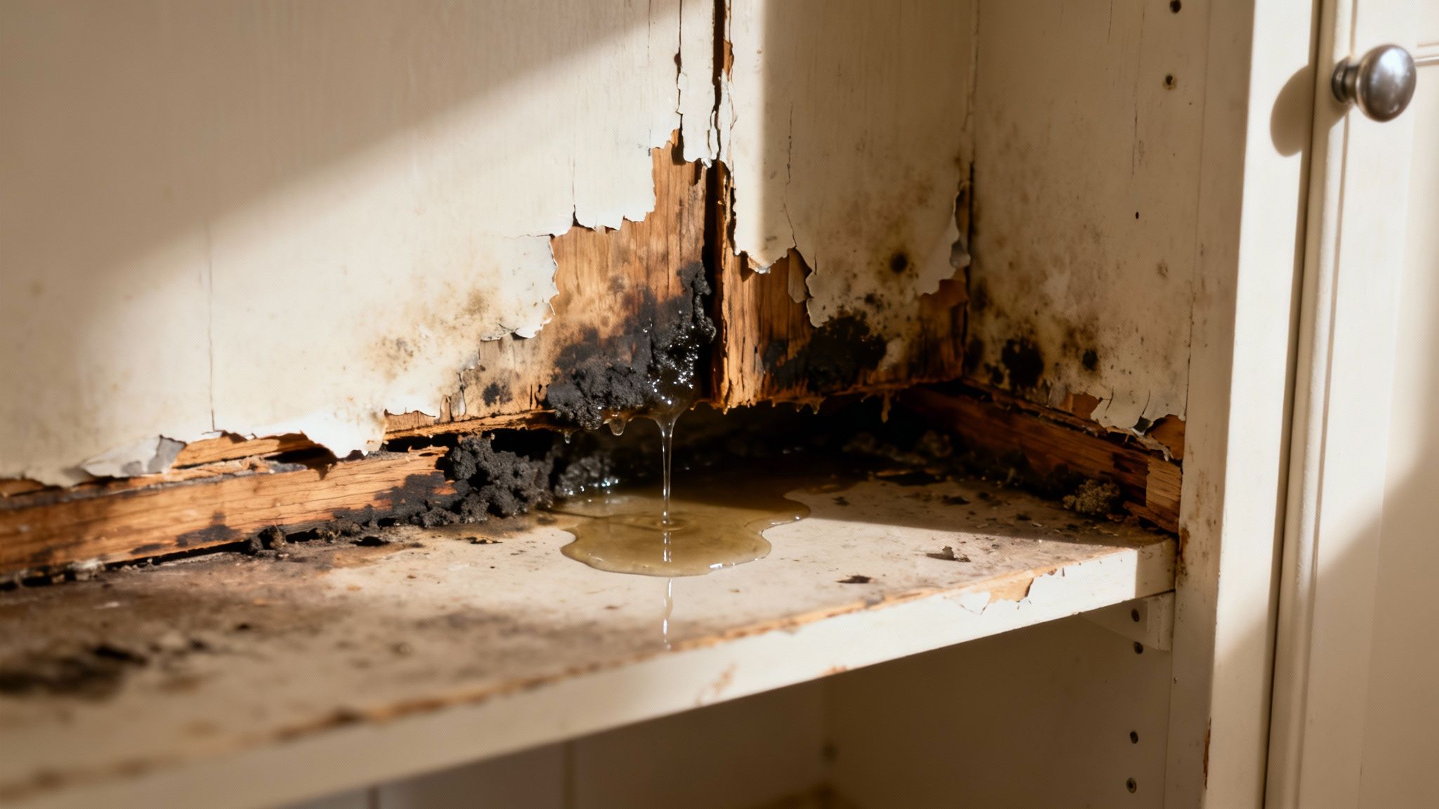 Close-up of severe water damage, black mold, and peeling paint on a wooden cabinet with water dripping.