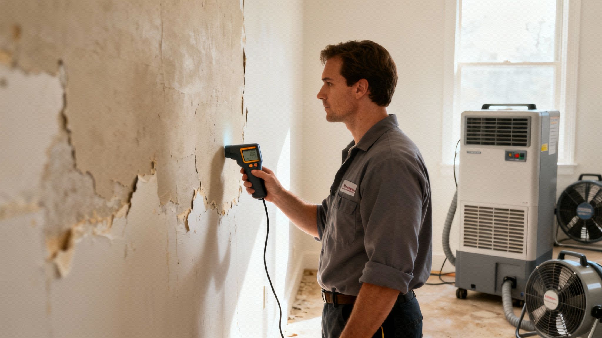 A restoration technician using a moisture meter to check for hidden water damage in a wall.
