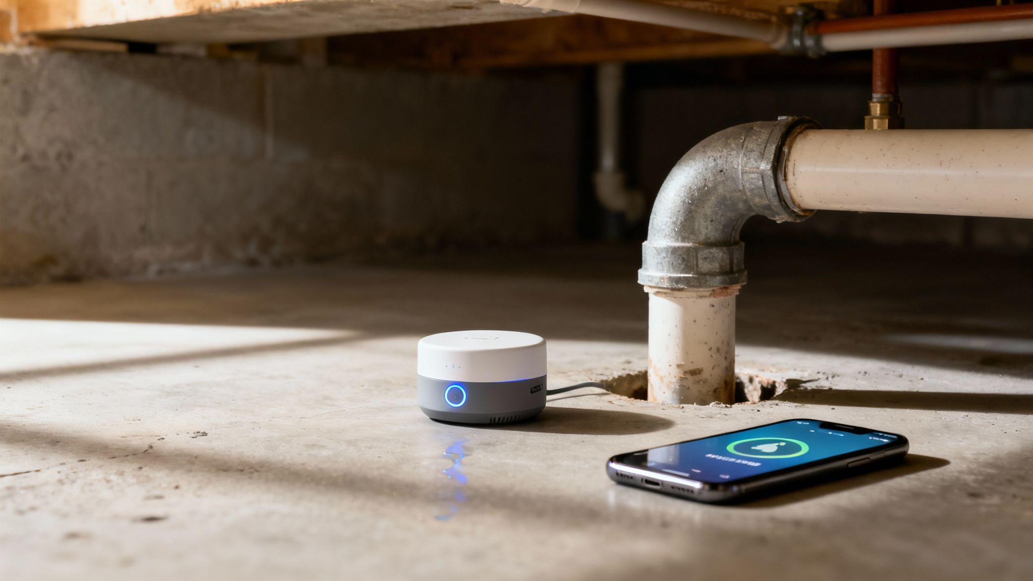A smart home leak sensor and smartphone app on a concrete floor near basement pipes.