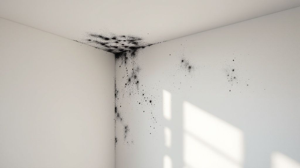 Your Guide to Mold Remediation Service in Los Angeles 1 Technician in a white suit and mask inspecting a wall with a flashlight for a mold remediation service.