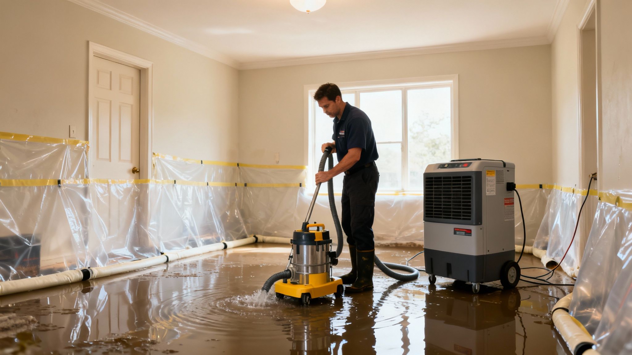 A water damage restoration technician uses a wet vacuum to clean up a flooded residential room.