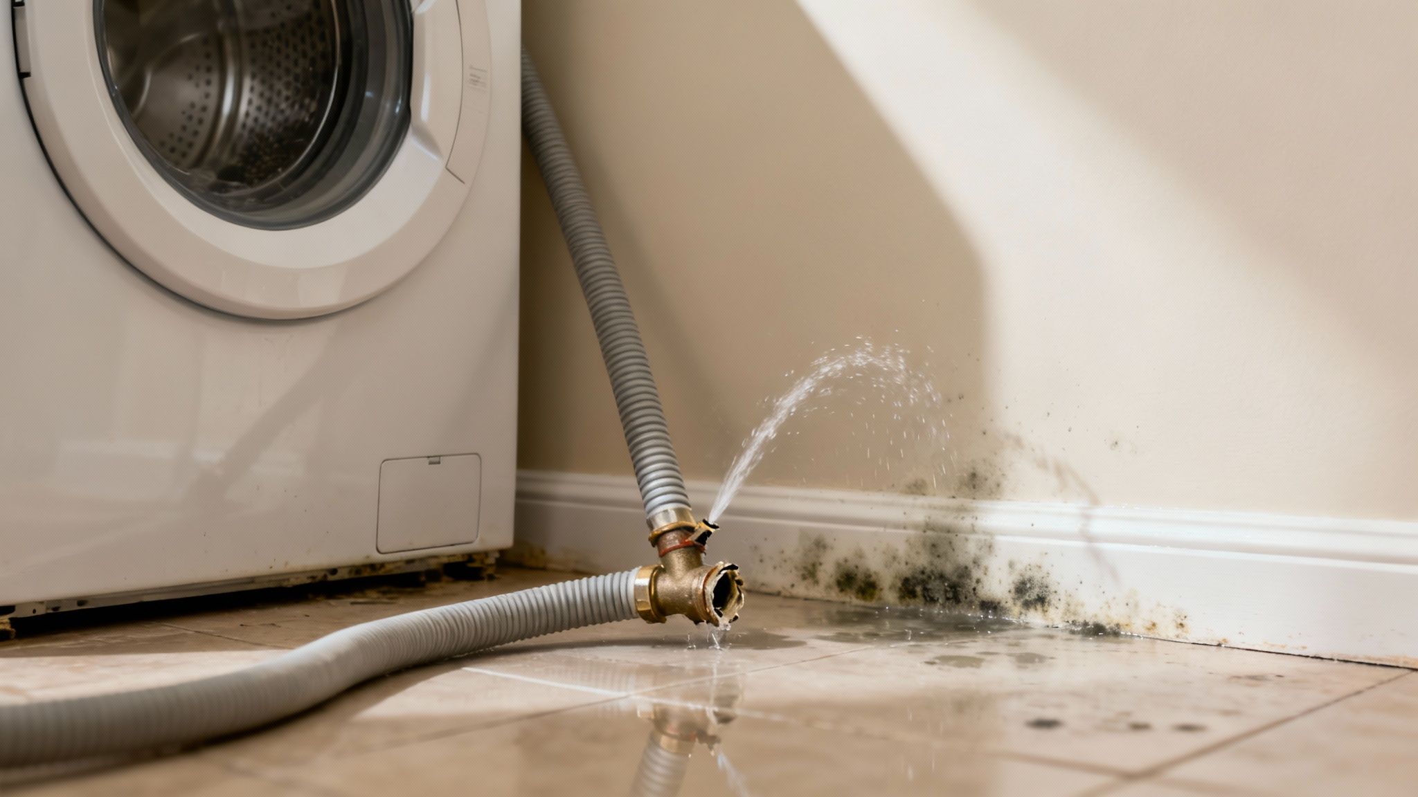 A washing machine with a burst hose causing water damage and mold on the wall.