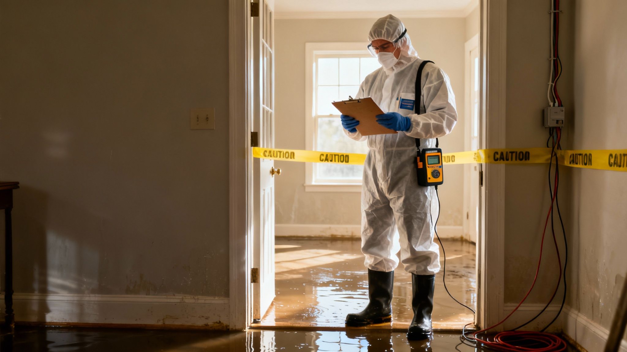 Restoration technician in full PPE assessing a damaged room.