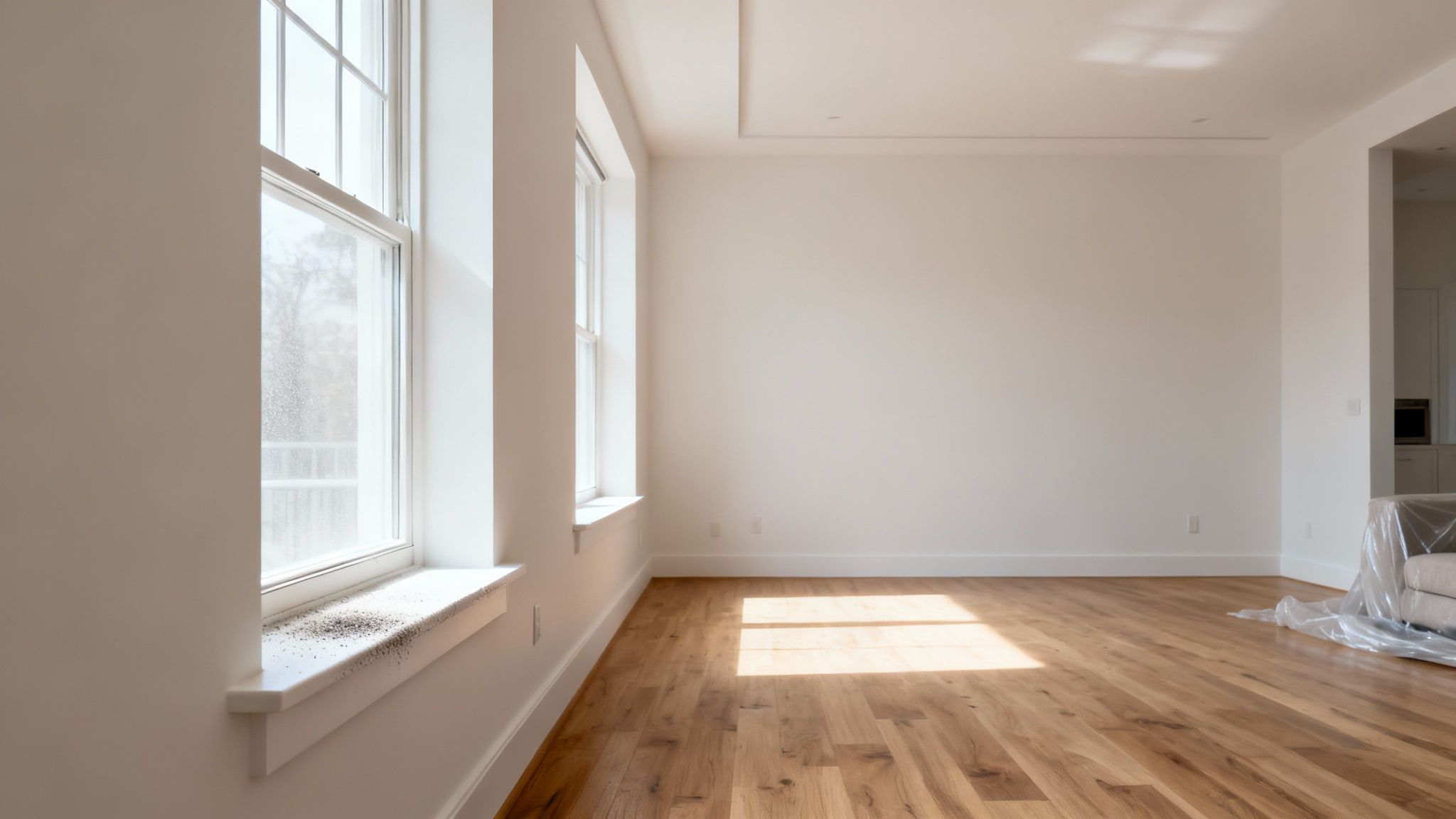 A newly constructed room undergoing a detailed post construction cleaning, with a professional wiping down a window sill.