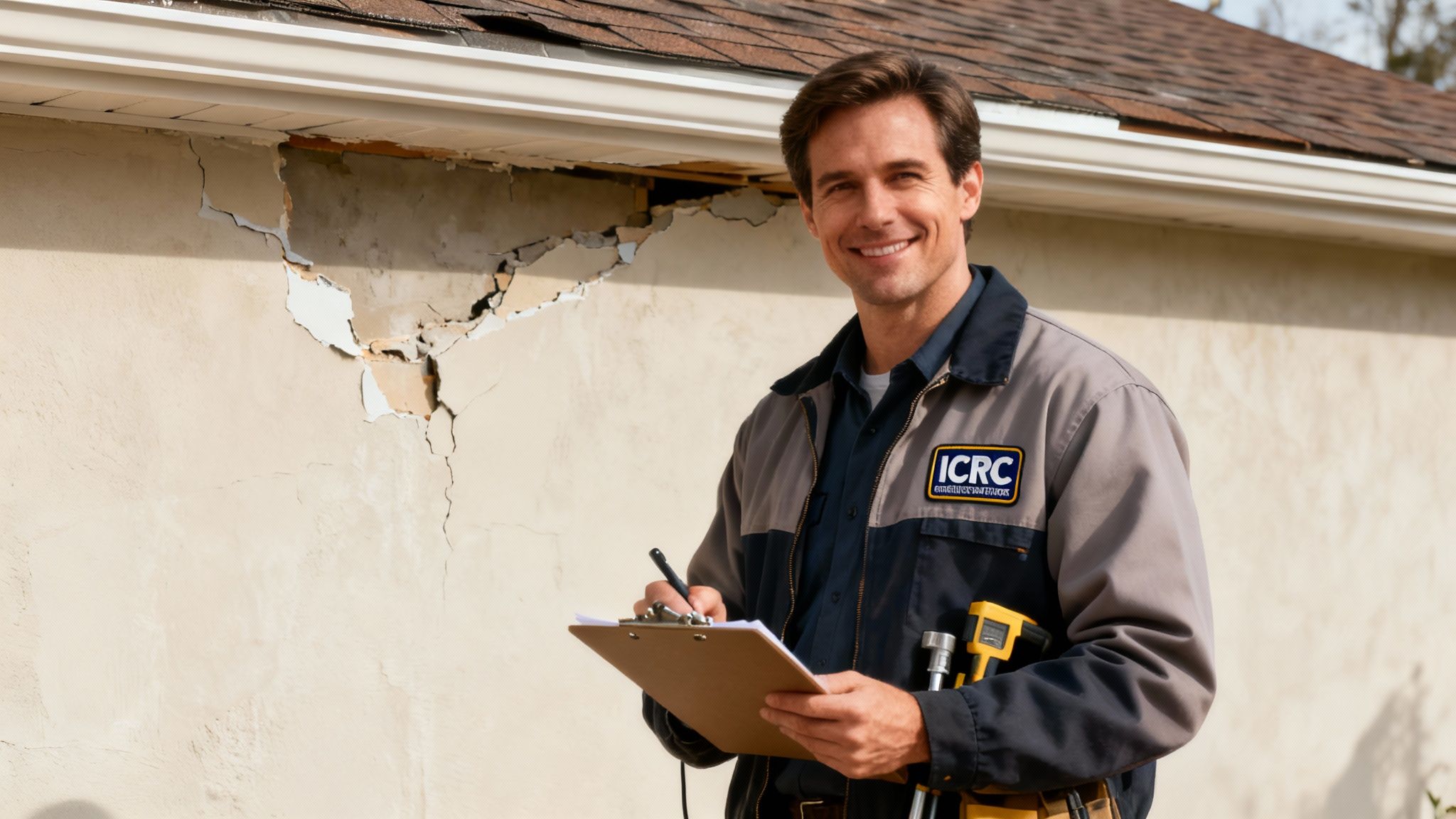 A smiling ICRC restoration worker inspects storm damage on a house's stucco and roof.