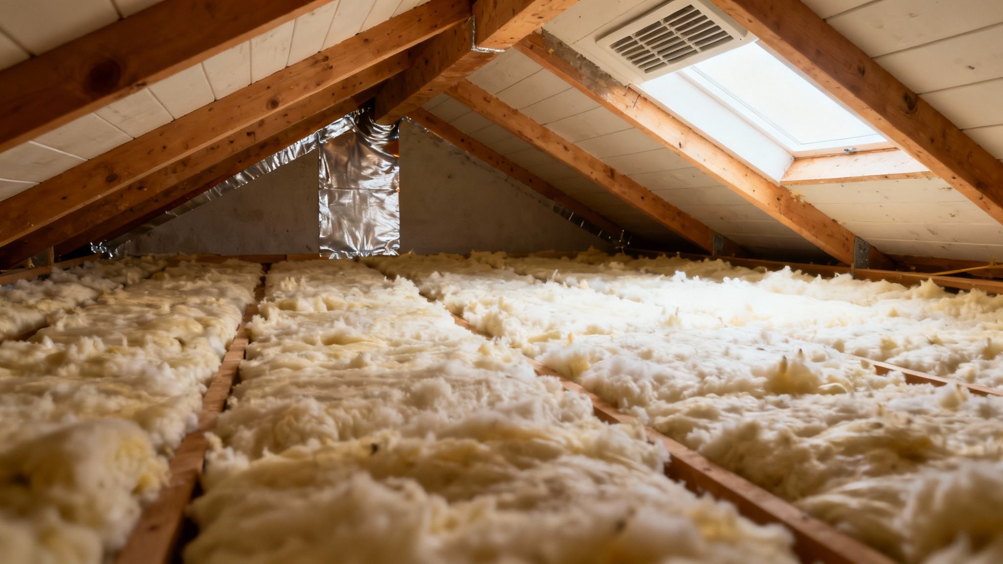 An attic interior showing fluffy insulation between wooden rafters, a skylight, and reflective ducting.