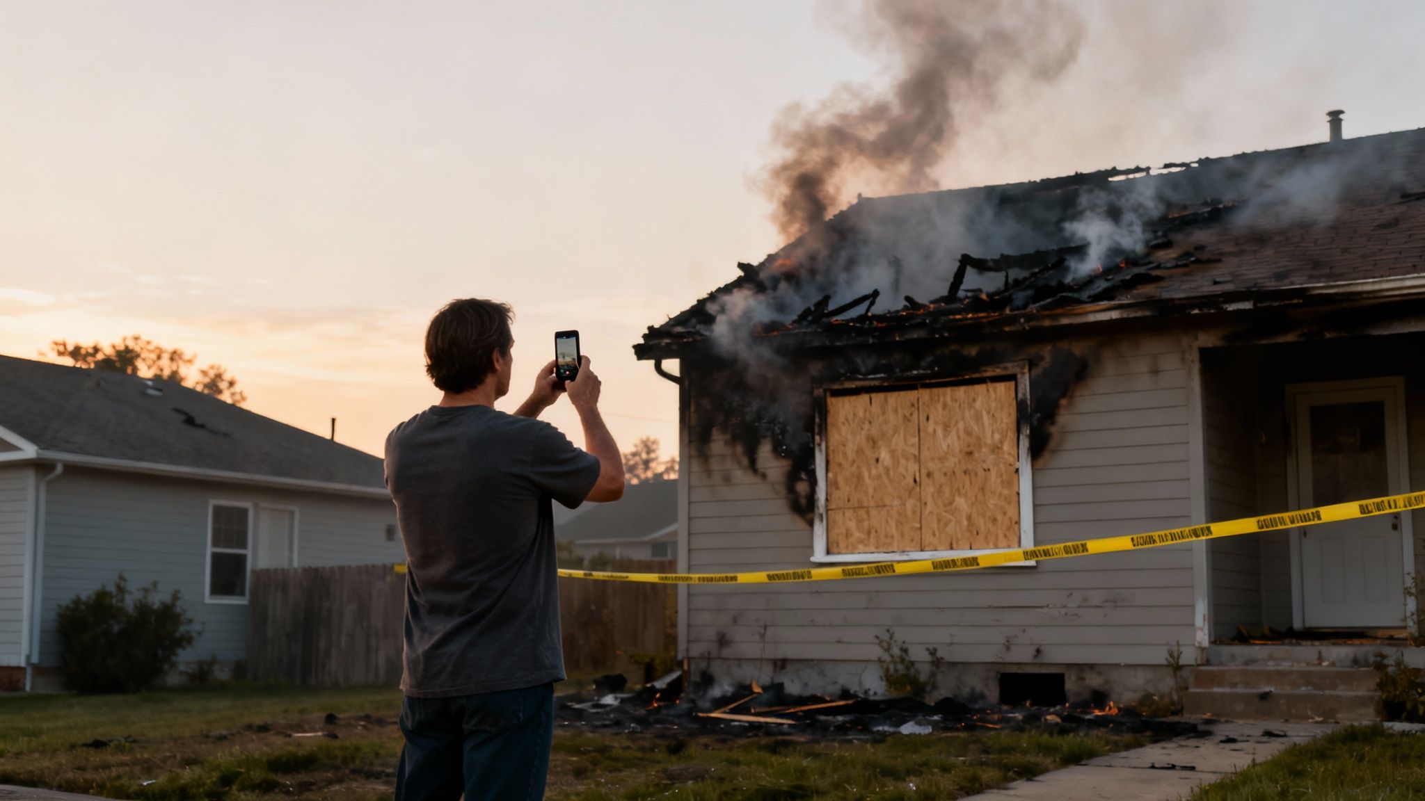 A man photographs a burning house with his phone, smoke rising from its damaged roof and boarded window.
