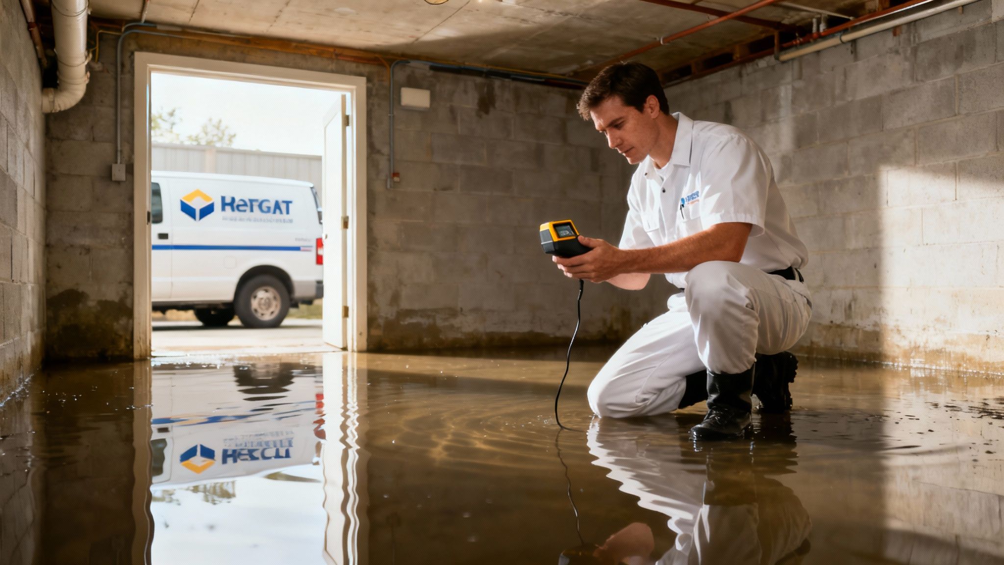 A restoration pro wearing protective gear while inspecting water damage inside a home.