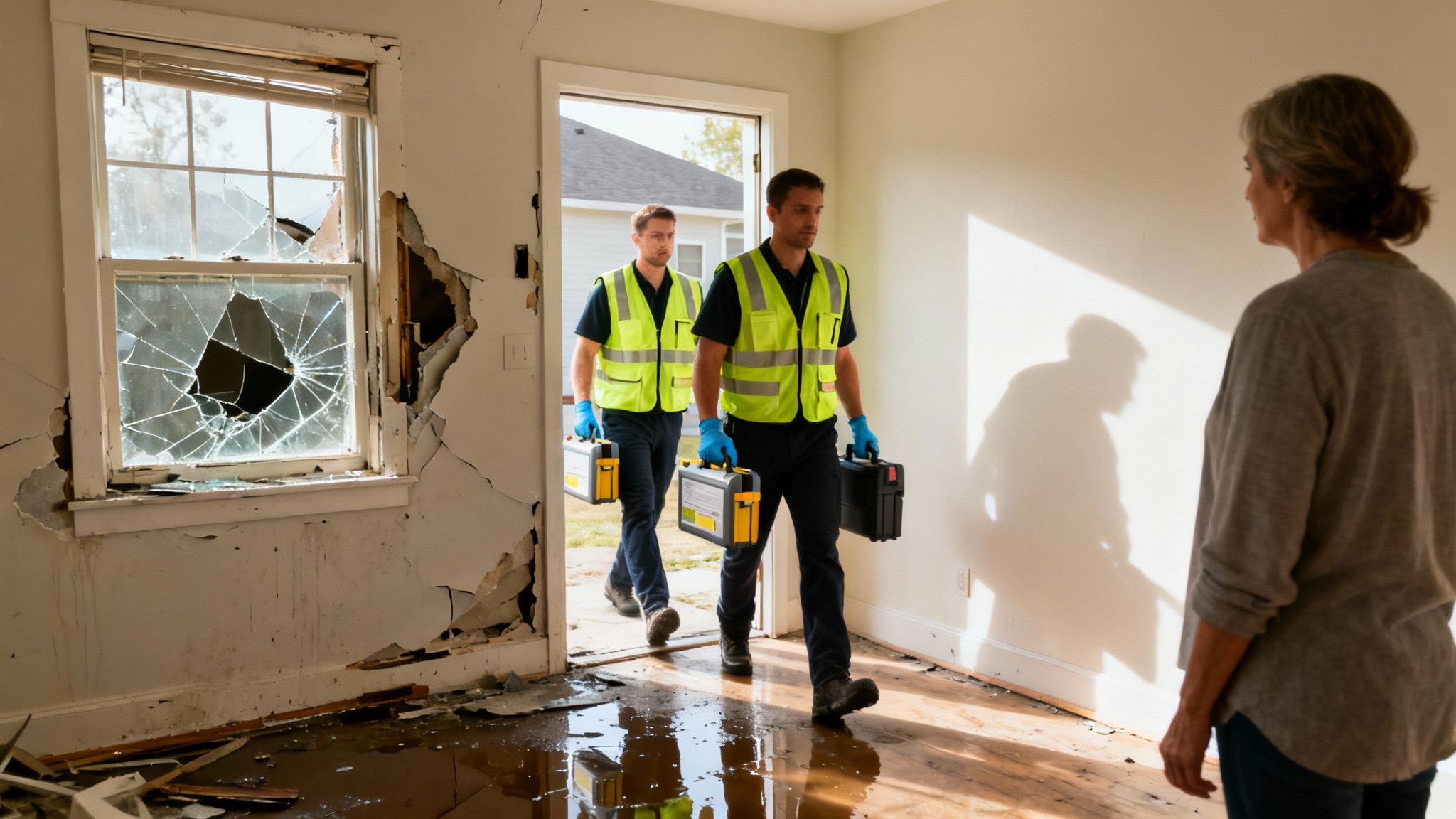 Damage restoration workers assess a flooded room with a broken window, speaking to a homeowner.