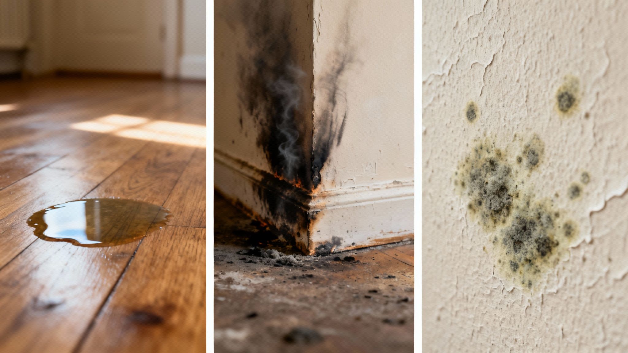 Water damage, mold growth, and structural deterioration showing need for professional restoration services