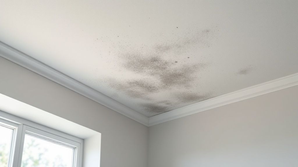 Finding Mold Removal Companies Near Me: A Los Angeles Homeowner's Guide 2 A close-up of a hand pointing to mold damage on drywall.