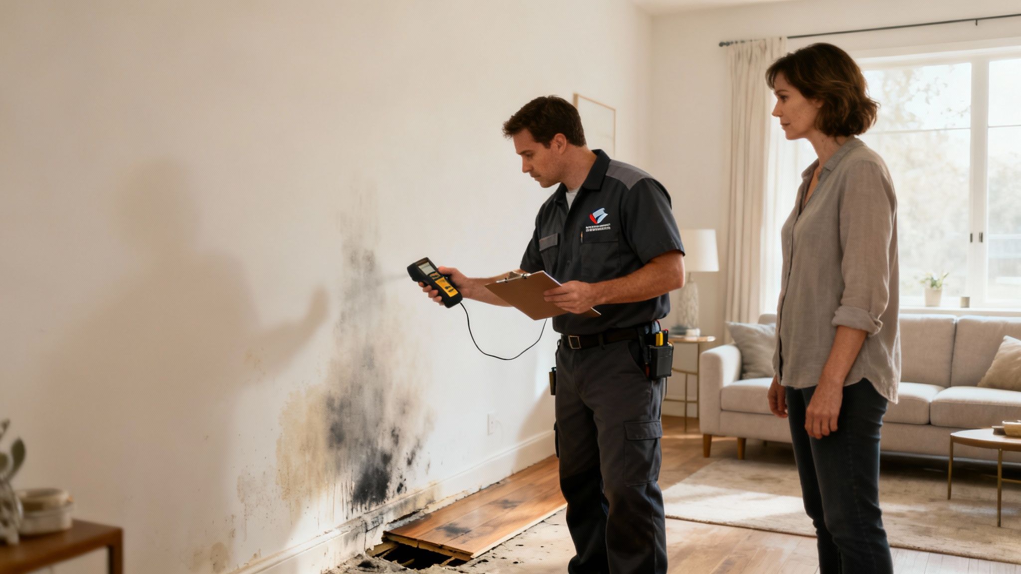 A team of restoration professionals assessing water damage inside a residential property.