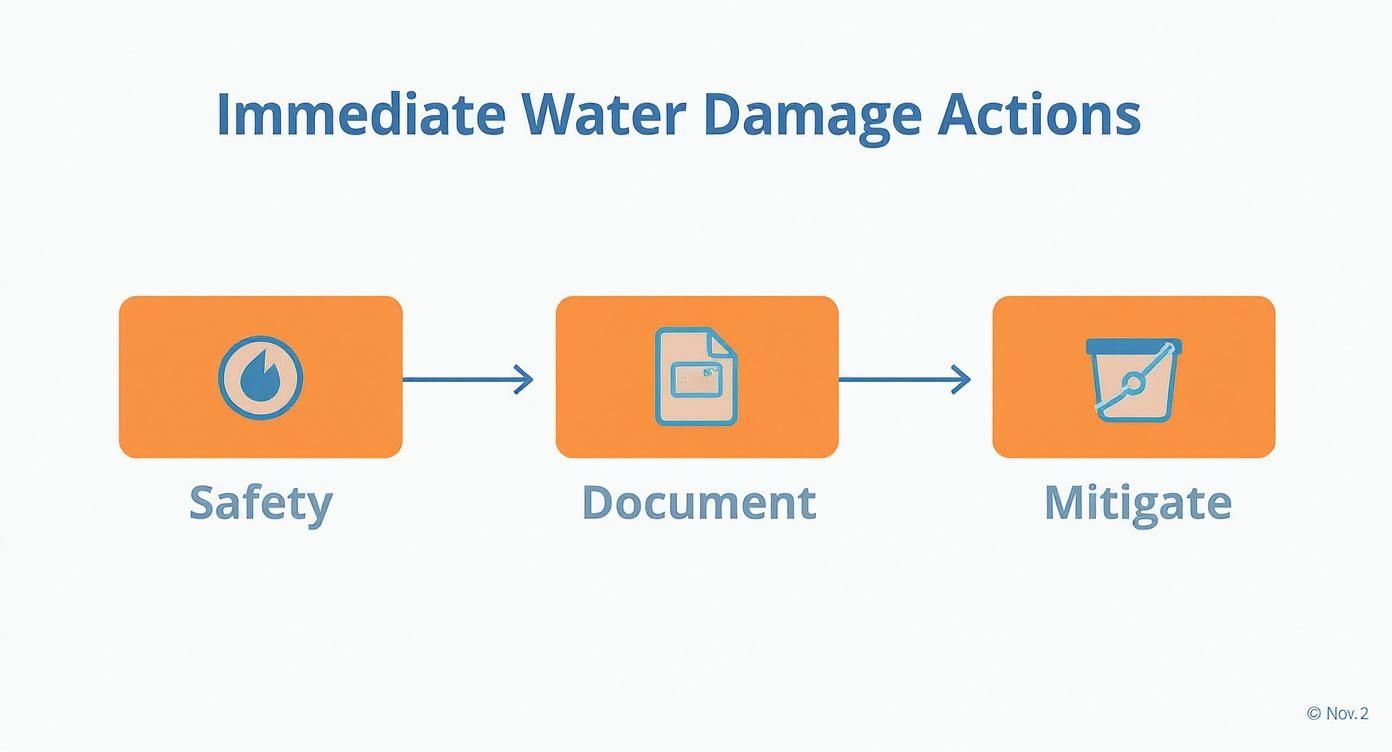 Three-step water damage response process showing safety first, documentation, and mitigation actions with icons