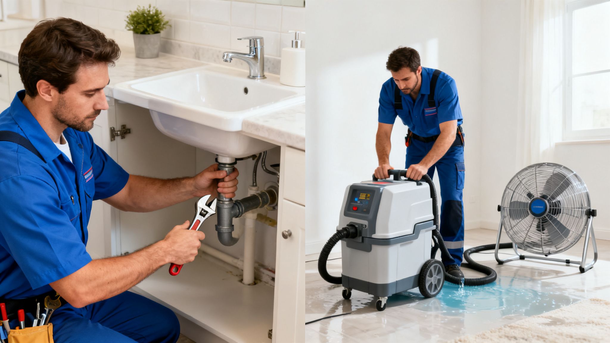 A professional plumber fixing a leaky sink pipe and cleaning a water spill with a vacuum and fan.
