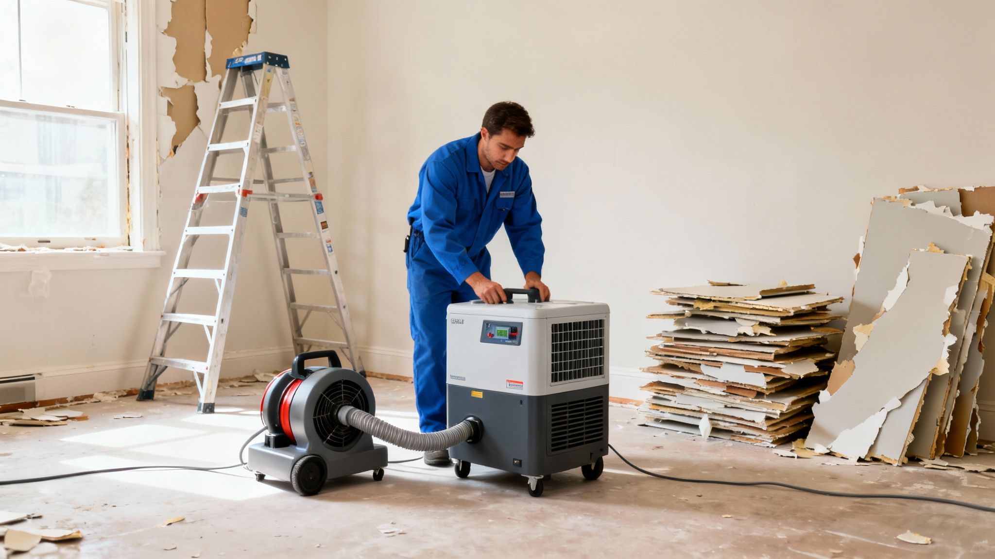 Worker in blue overalls operating water damage repair equipment in a room with debris.