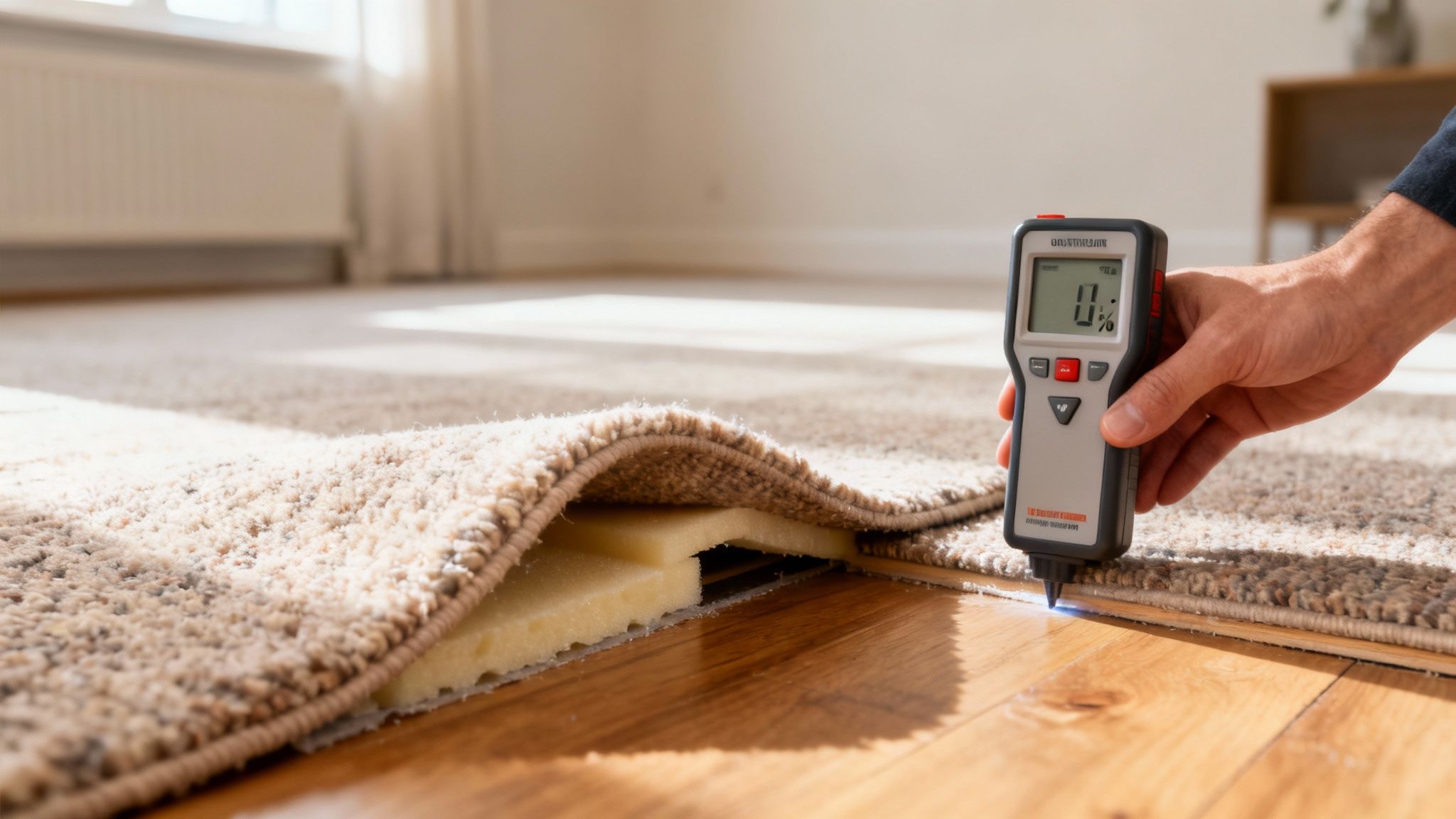 A hand holds a moisture meter to check for dampness under a lifted carpet on a wooden floor.
