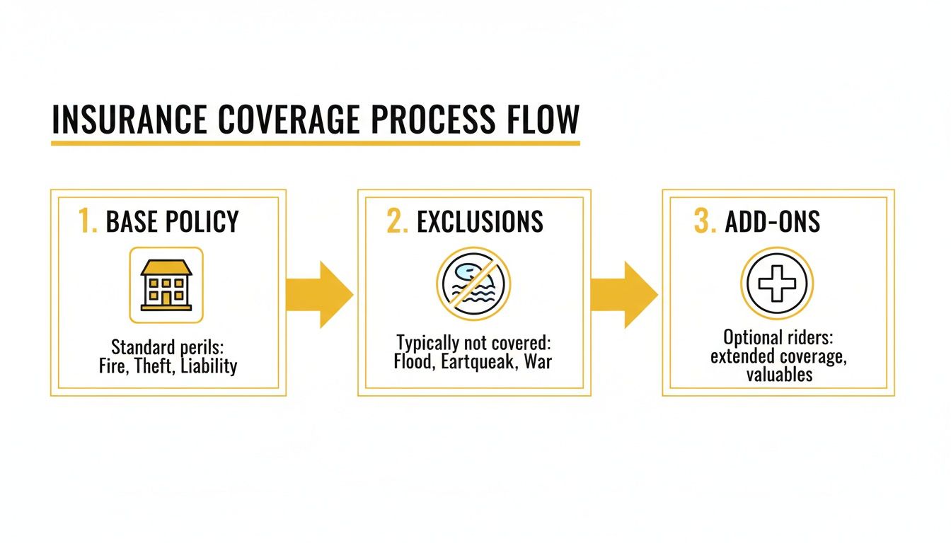 Flowchart illustrating the insurance coverage process with steps for base policy, exclusions, and add-ons.