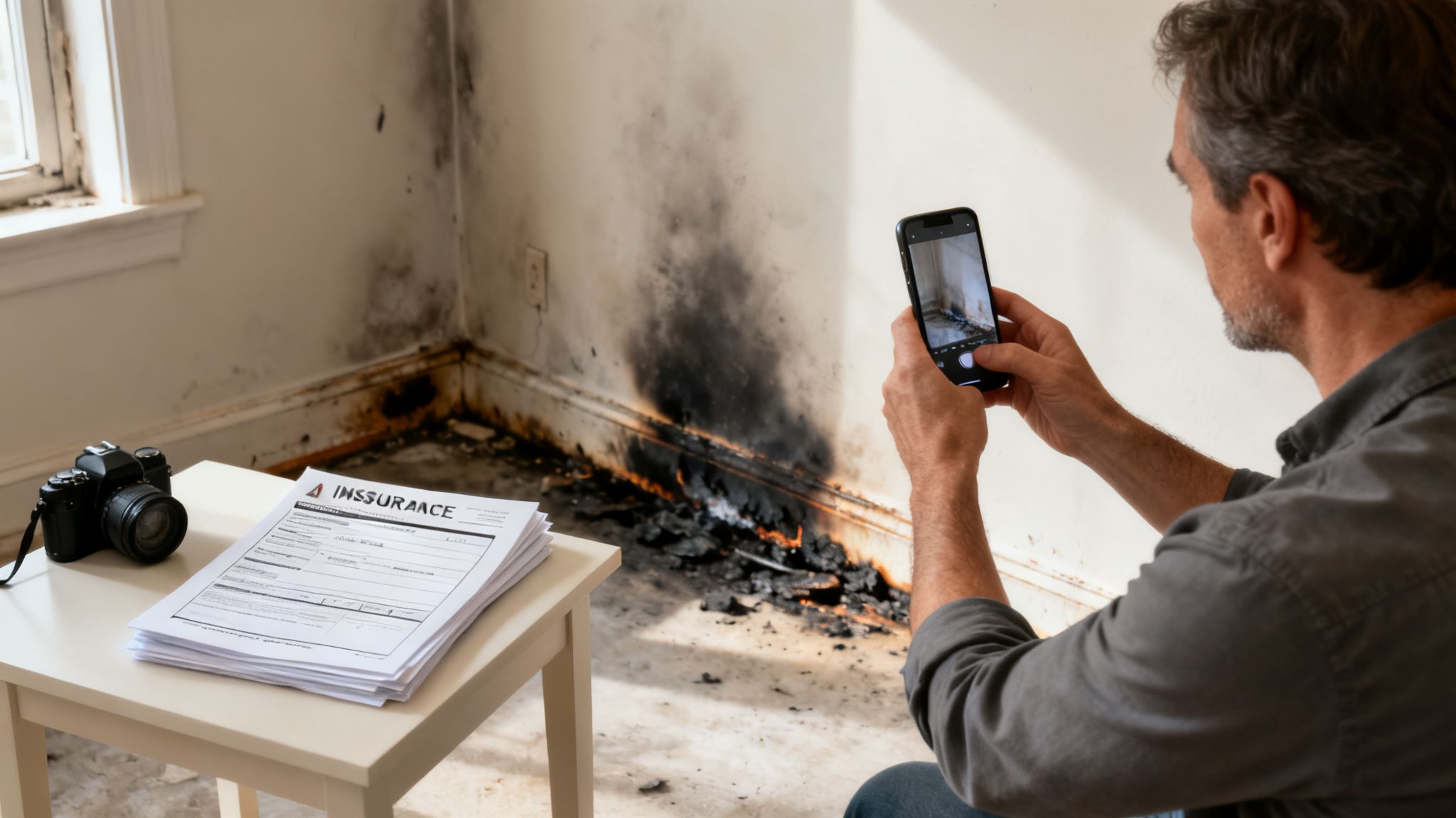 Man documenting fire damage with a smartphone, next to insurance forms and a camera.