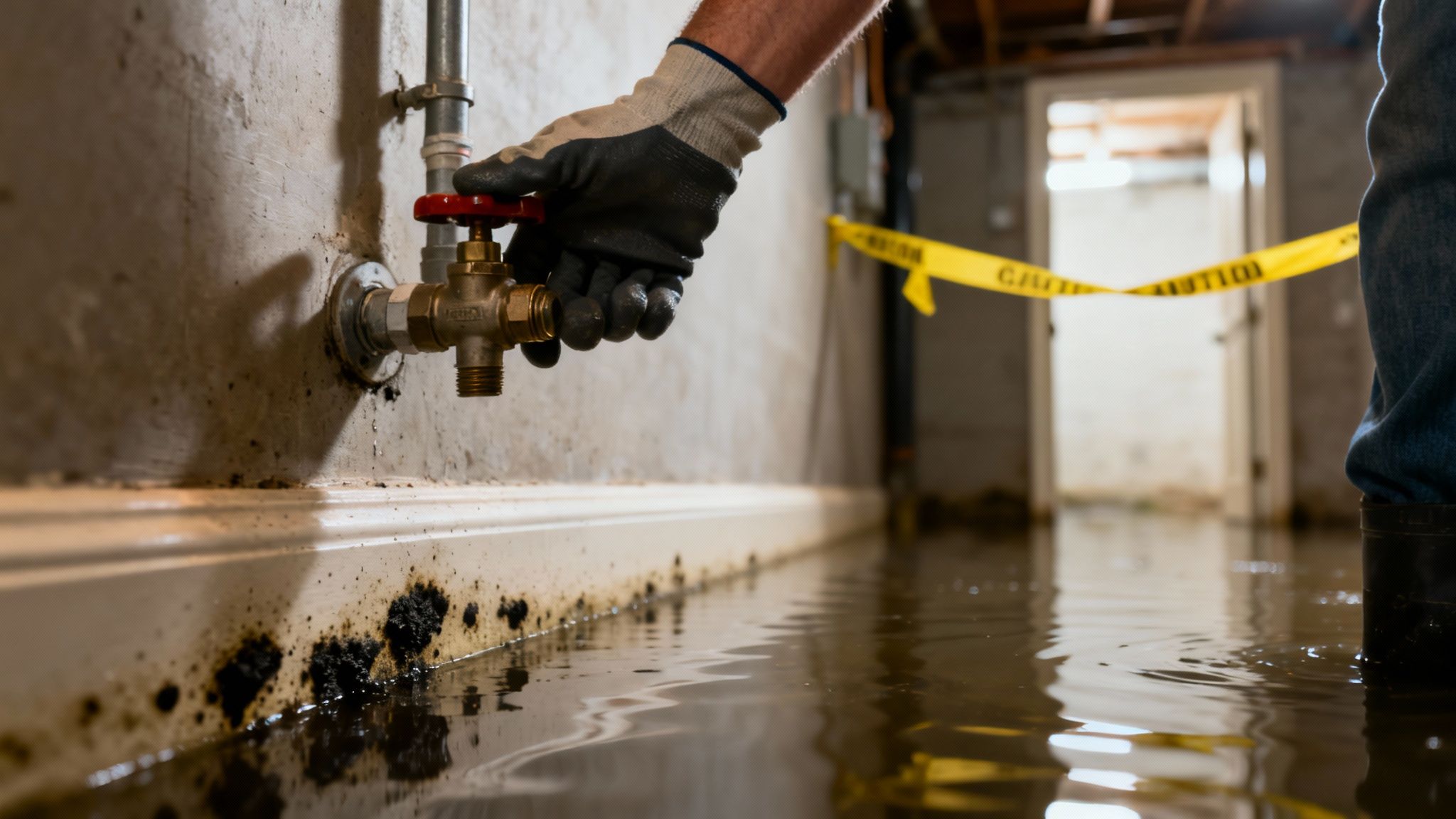 A professional in a white hazmat suit inspects a mold-infested wall in a home.