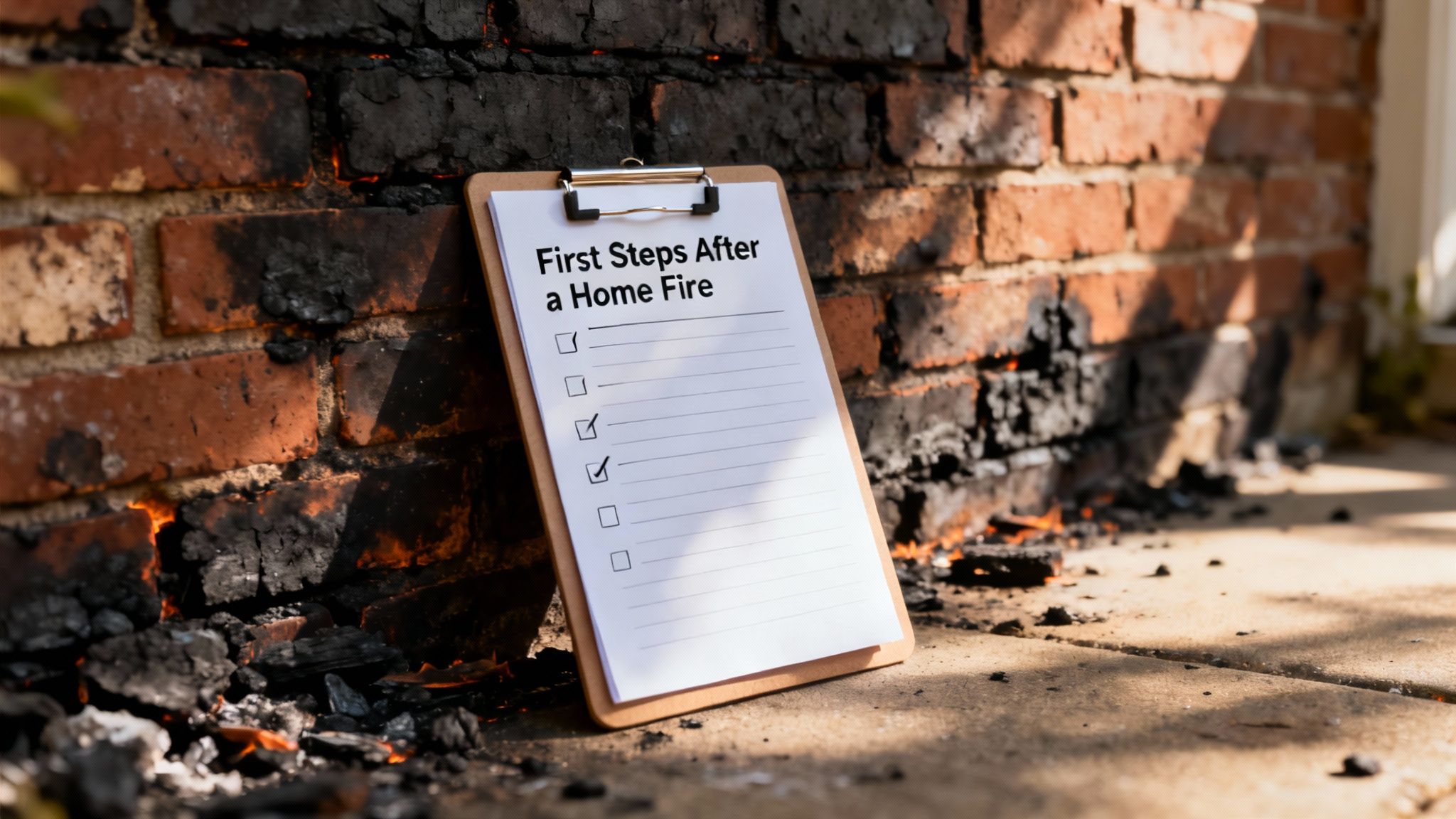 A firefighter spraying water into a home damaged by fire, illustrating the immediate aftermath and response needed.