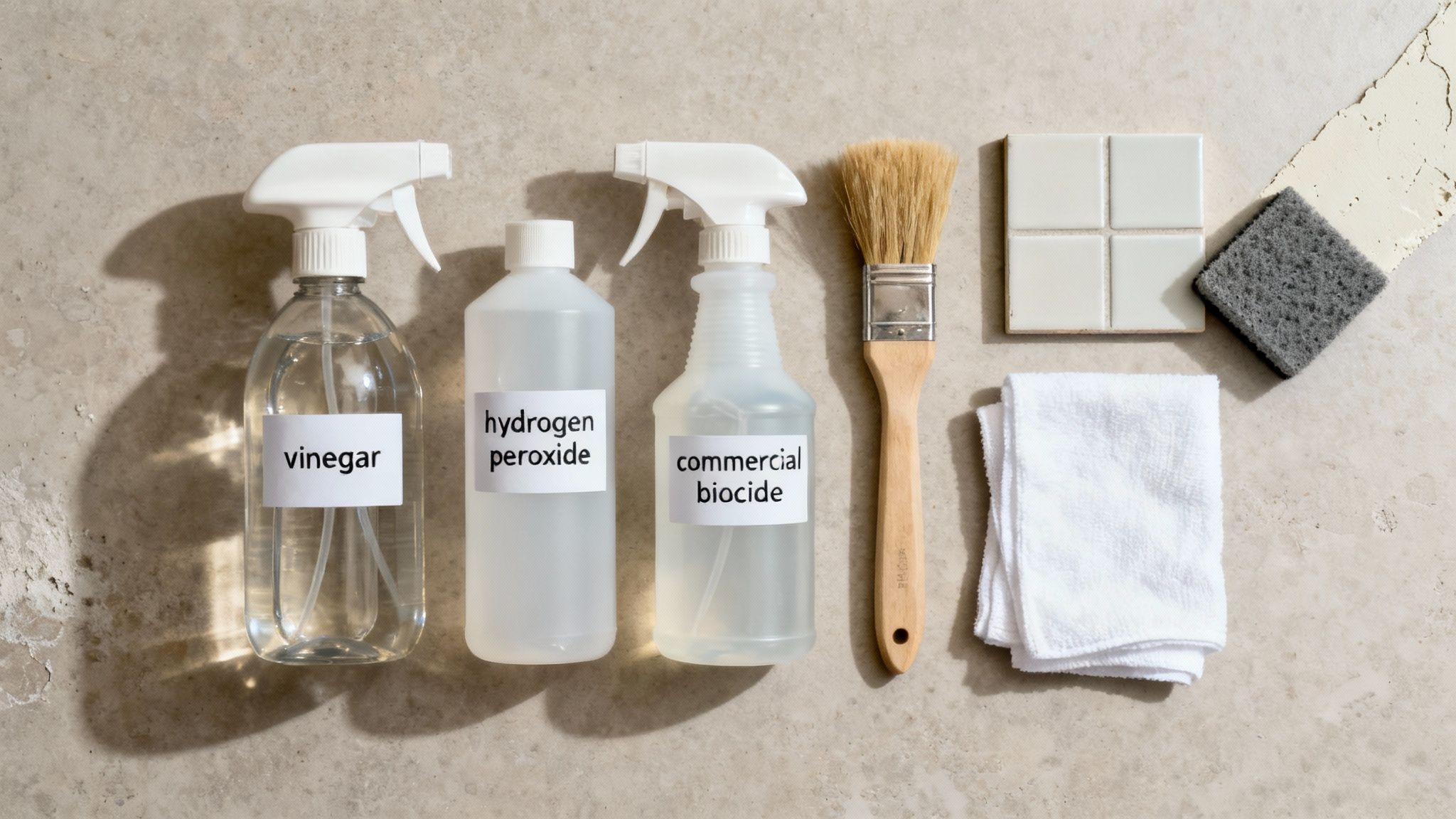 A person spraying a mold-affected surface with a cleaning solution.