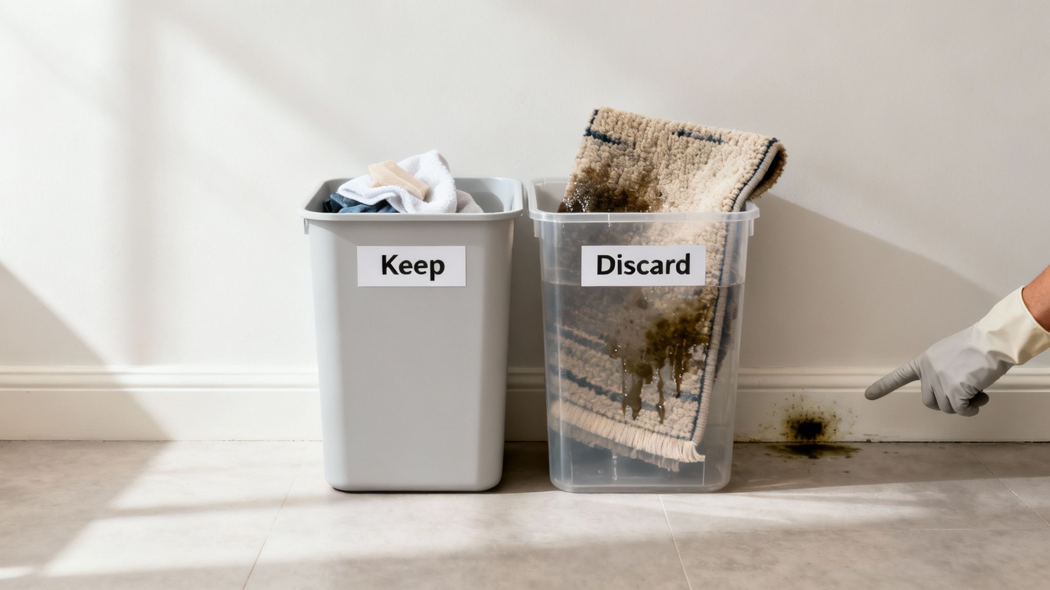 A gloved hand points to mold on a wall next to 'Keep' and 'Discard' bins.