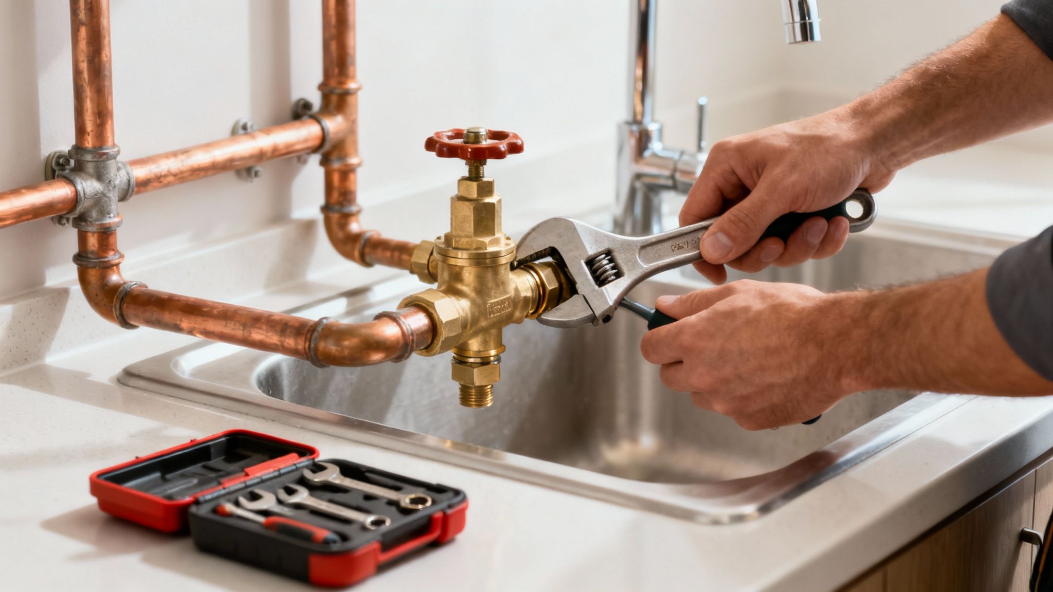 Plumber's hands tightening a brass valve on copper pipes above a modern kitchen sink.