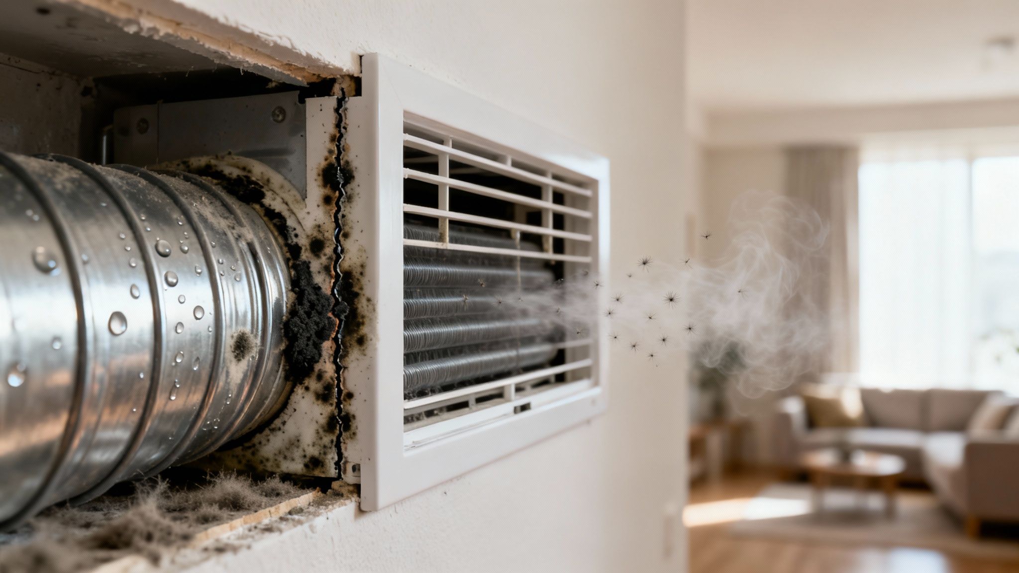 A severely moldy air conditioning vent and ductwork with water droplets and dust, emitting spores.