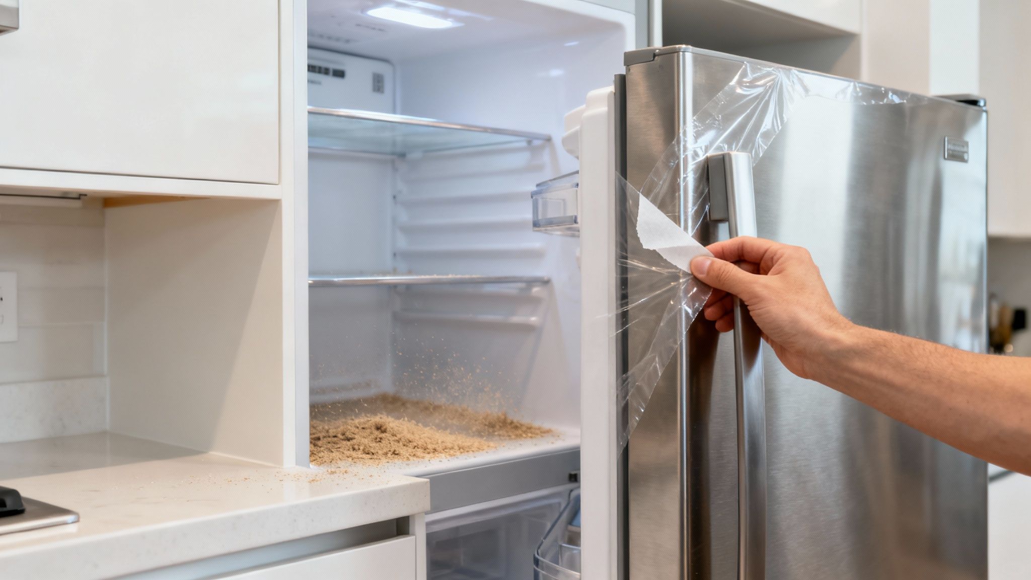 A professional cleaner meticulously wiping down a newly installed kitchen cabinet during a post construction clean.