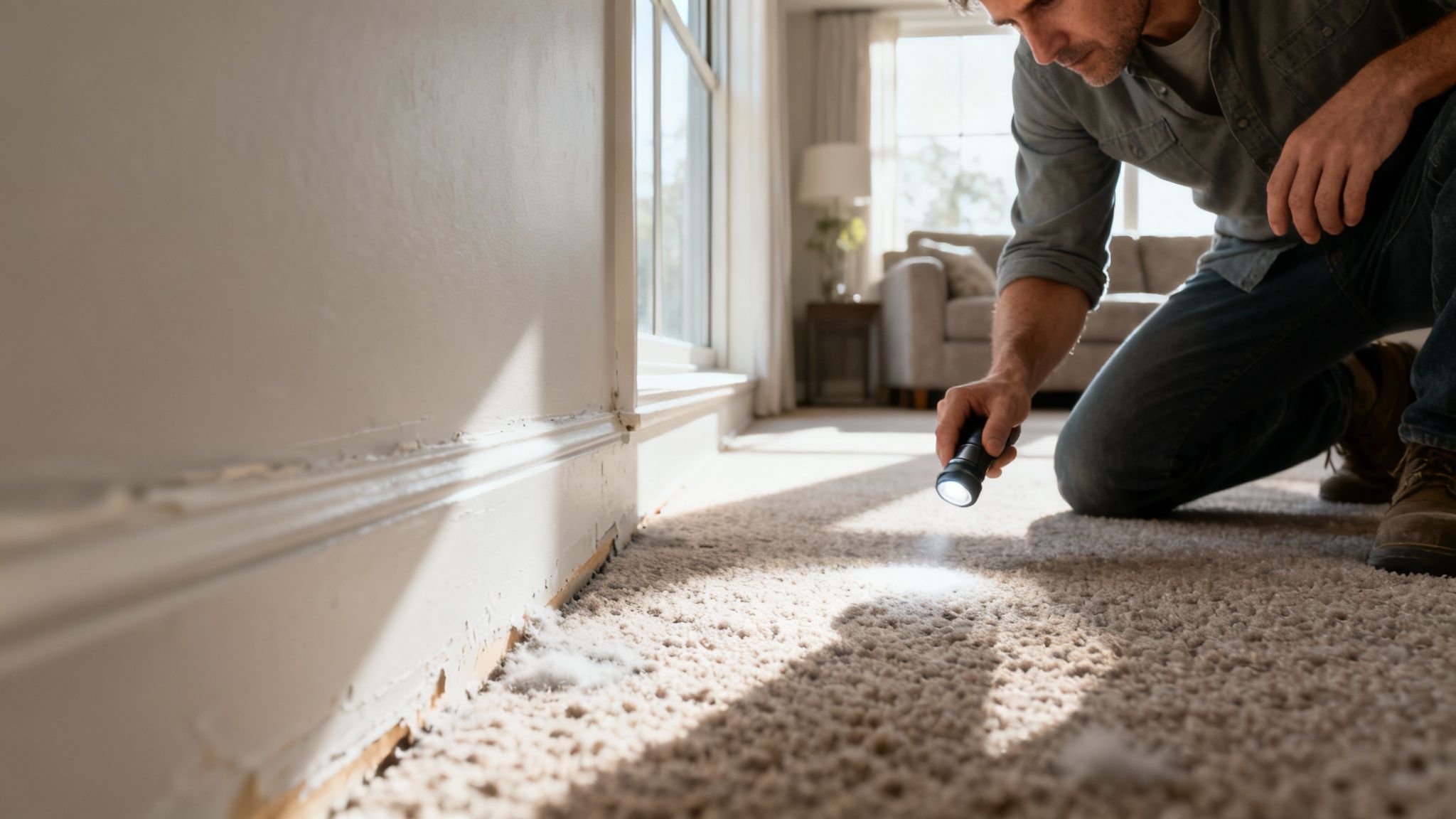 A man kneels on a carpet, using a flashlight to inspect a house baseboard for damage.