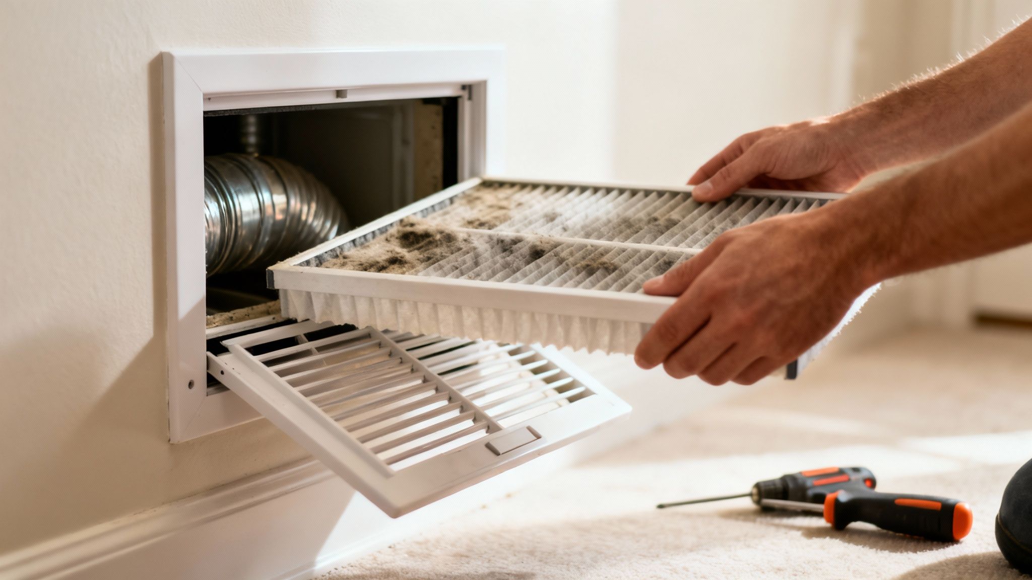 A person's hands are seen removing a heavily soiled HVAC air filter from a wall vent.