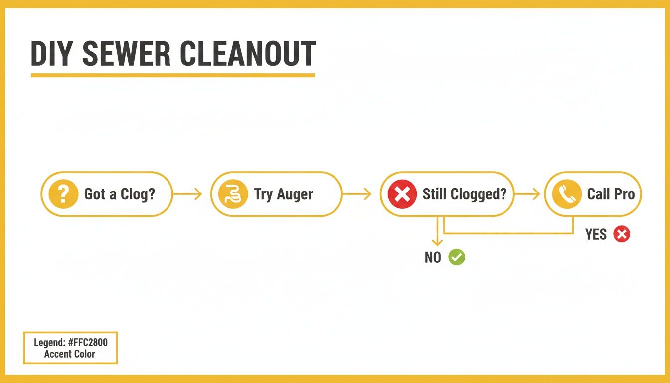 Flowchart detailing DIY sewer cleanout steps, from identifying a clog to trying an auger or calling a professional.