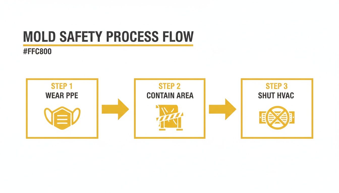 A mold safety process flow chart with three steps: wear PPE, contain area, and shut HVAC.