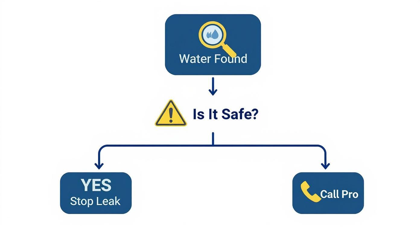 Water leak detection flowchart showing decision process from finding water to stopping leak or calling professional help